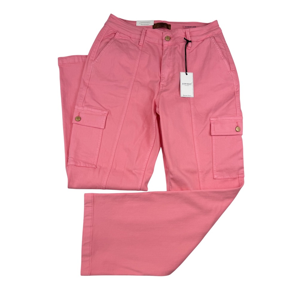 NEW Judy Blue Cargo Pants Womens 14Wx32 Pink Wide Leg Garment Dyed Stretch